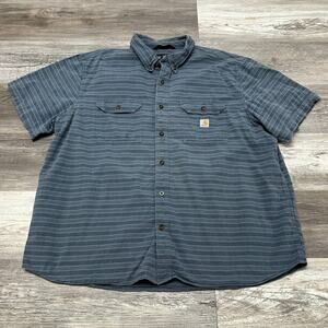 Carhartt Blue Striped Men 2XL Loose Short Sleeve Button Down Chambray Work Shirt